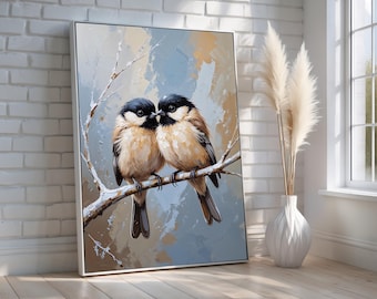Bird Couple Wall Art | Romantic Songbird Canvas or Poster | Two Birds on Branch Painting | Nature Wildlife Decor | Ready to Hang Artwork