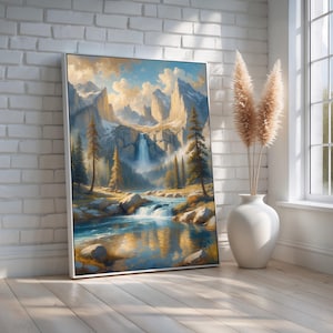 Alpine Mountain Waterfall Landscape | Serene River Valley Nature Wall Art | Tranquil Scenic Canvas Print for Cabin Decor | Ready to Hang
