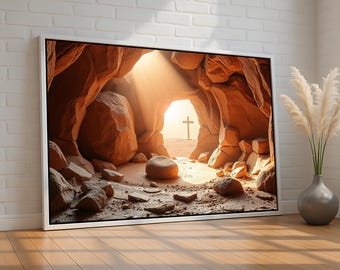 Empty Tomb with Cross | Christian Easter Wall Art | He Is Risen Canvas Print | Religious Resurrection Decor | Bible Art | Ready to Hang