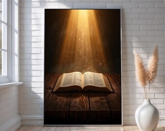 May include: An open book on a wooden table, illuminated by a golden light. The book's pages are visible, with text. The image is framed and set against a dark background, with a white brick wall and a vase with dried flowers in the background.