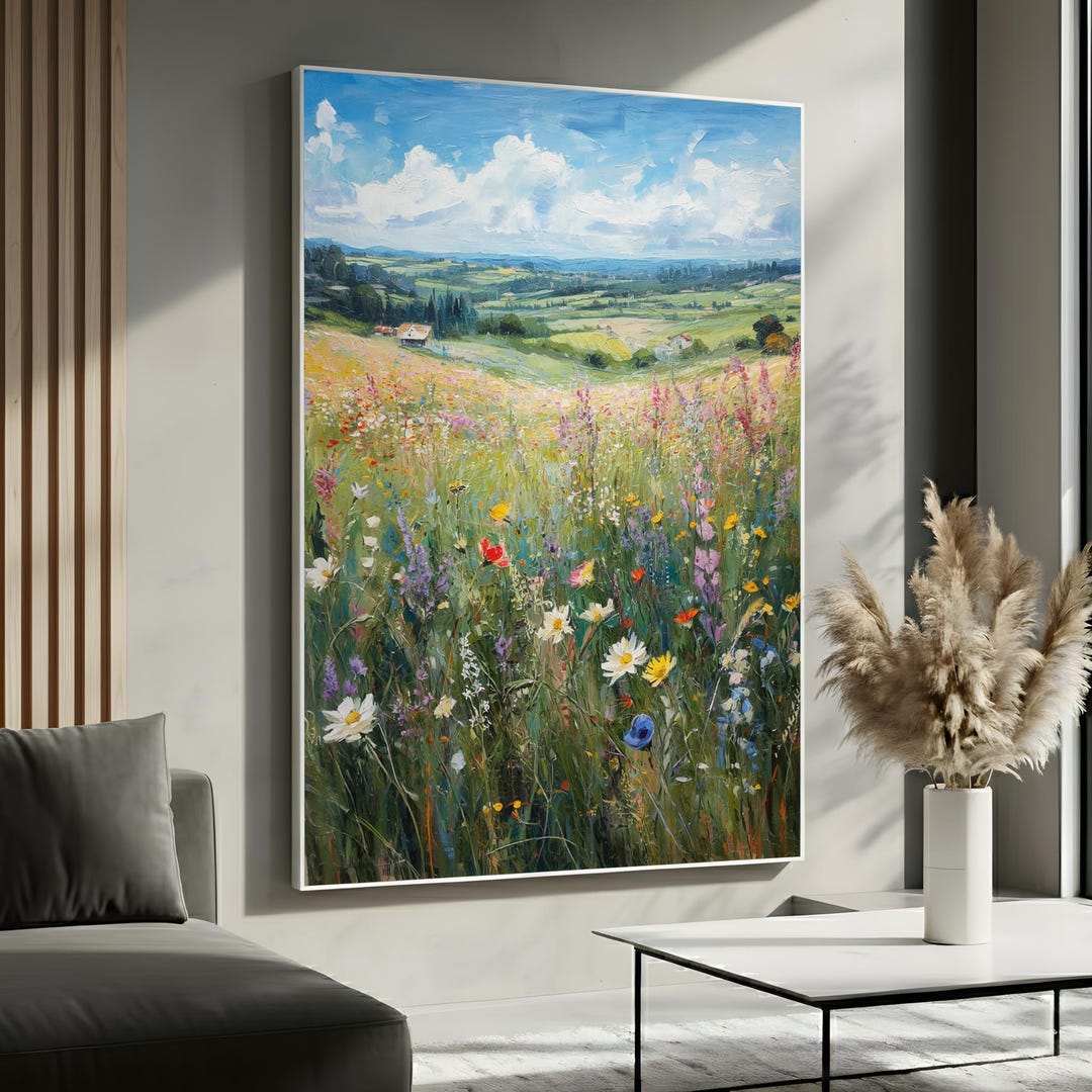 Colorful Wildflower Field Landscape | Vibrant Nature Canvas Wall Art ...