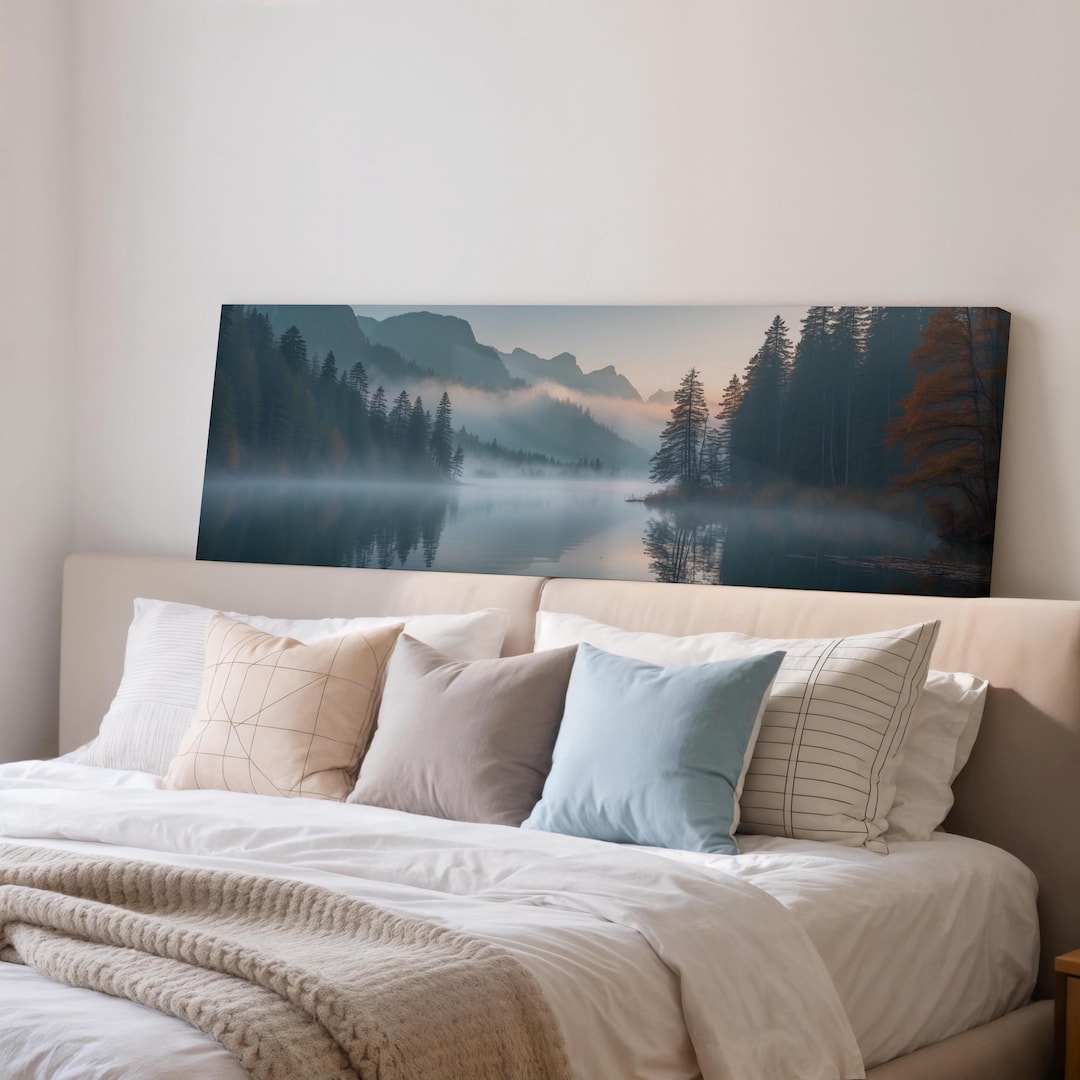Misty Mountain Lake Panoramic Canvas Wall Art | Serene Forest Landscape ...