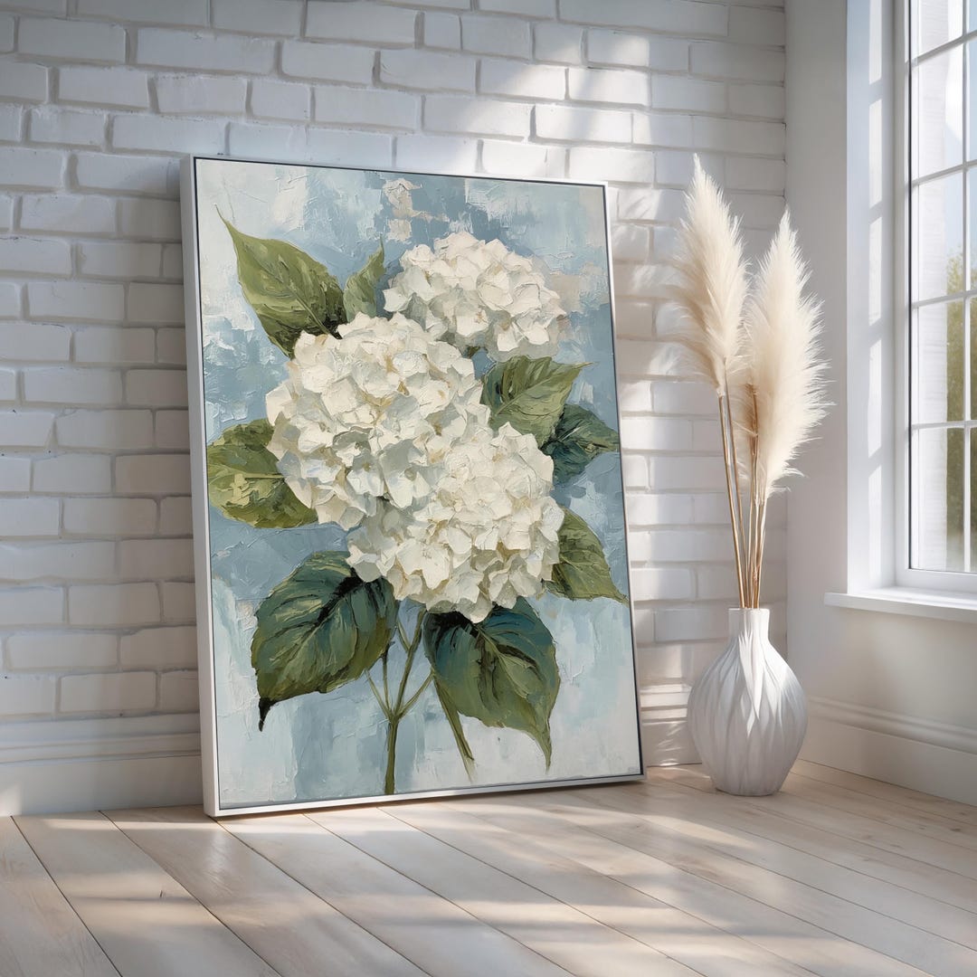 White Hydrangea Canvas Wall Art | Blue Floral Botanical Painting ...