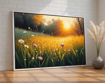 Golden Sunrise Wildflower Field Wall Art | Warm Meadow Floral Landscape Canvas Print | Peaceful Nature Decor | Ready to Hang