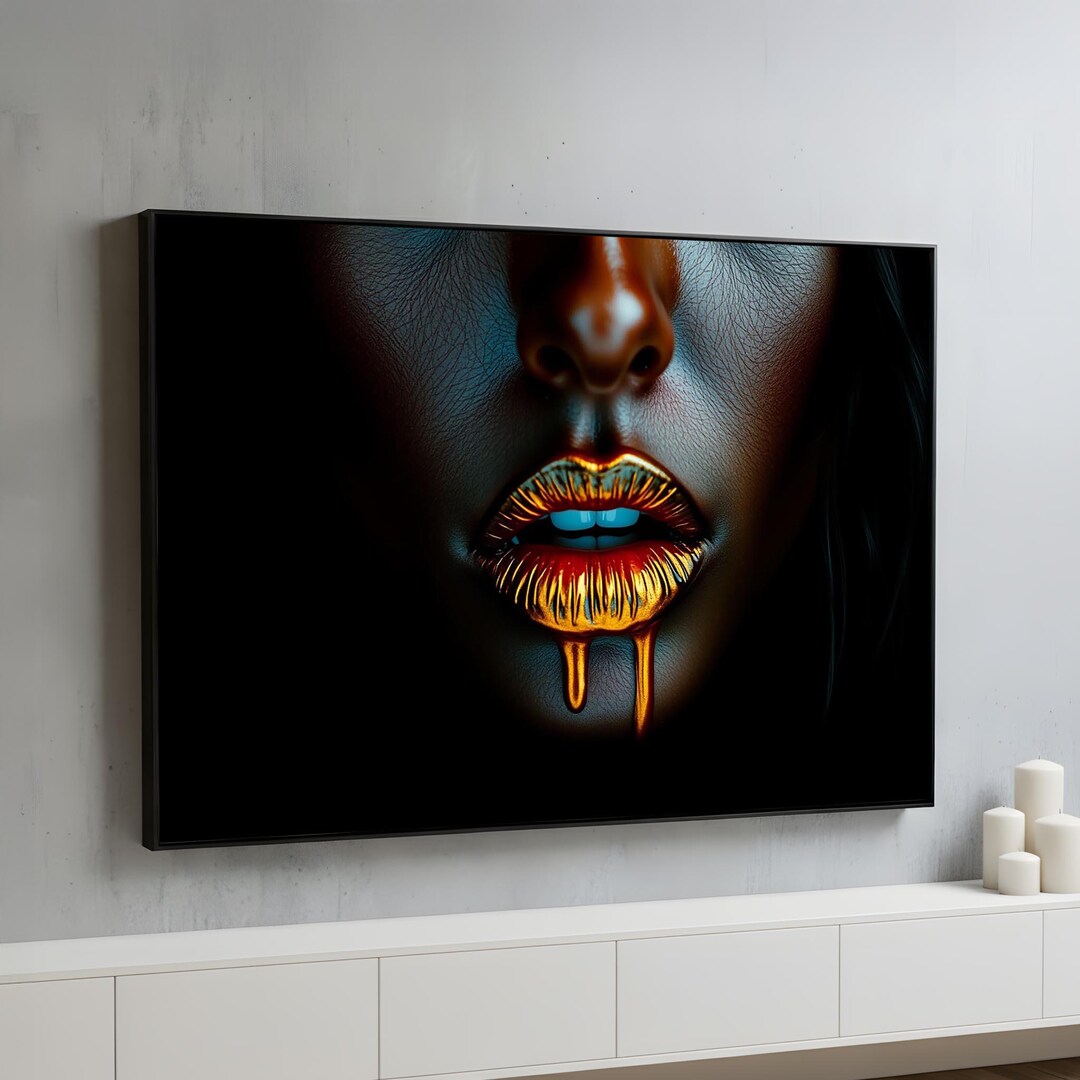 Luxury Gold Lips Canvas Wall Art | Dramatic Black Portrait Decor ...