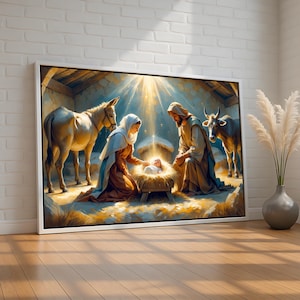 Nativity Scene Wall Art | Glowing Christmas Manger Canvas Print | Holy Family Religious Decor for Home or Church | Ready to Hang