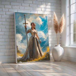 Warrior Queen Wall Art | Elegant Woman with Sword in Fantasy Landscape | Feminine Strength Canvas Print | Heroic Decor | Ready to Hang