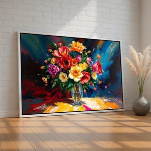 Bold Colorful Floral Bouquet Wall Art | Vibrant Modern Flower Canvas Print in Glass Vase | Bright Botanical Decor | Ready to Hang Artwork
