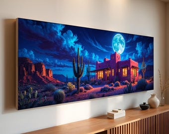 Moonlit Desert Adobe Panoramic Canvas Wall Art | Southwestern Night Landscape | Serene Cactus Home Decor | Ready to Hang