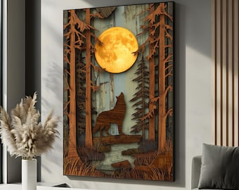 Layered Wolf Moon Canvas Wall Art | 3D Impression Wood Cut Forest Scene | Rustic Wildlife Decor for Cabin & Lodge