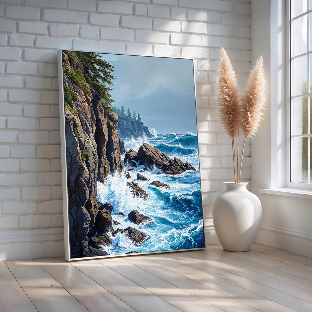 Rocky Ocean Cliff Wall Art | Coastal Landscape Canvas With Crashing ...