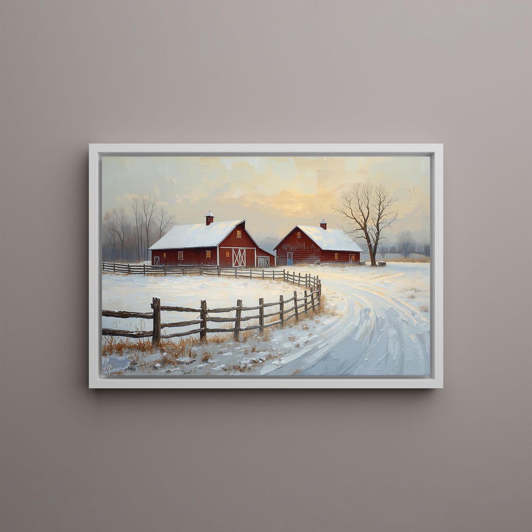 Winter Farm Barn Wall Art | Snowy Country Landscape Canvas | Rustic Red ...