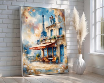 Paris Cafe Wall Art | Eiffel Tower Watercolor Print | Romantic French Street Scene | Parisian Decor for Kitchen or Dining | Ready to Hang