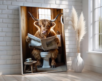 Funny Highland Cow Reading Newspaper | Farmhouse Bathroom Canvas Wall Art | Rustic Humor Decor | Quirky Animal Artwork