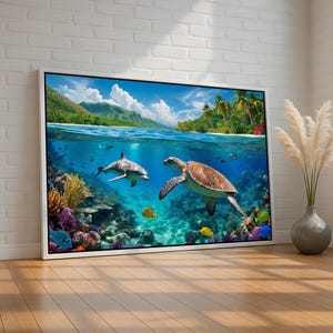 May include: A framed art print depicting an underwater scene with a dolphin and sea turtle. The artwork shows a vibrant coral reef, tropical fish, and a view of a tropical island with palm trees and mountains. The frame is white.