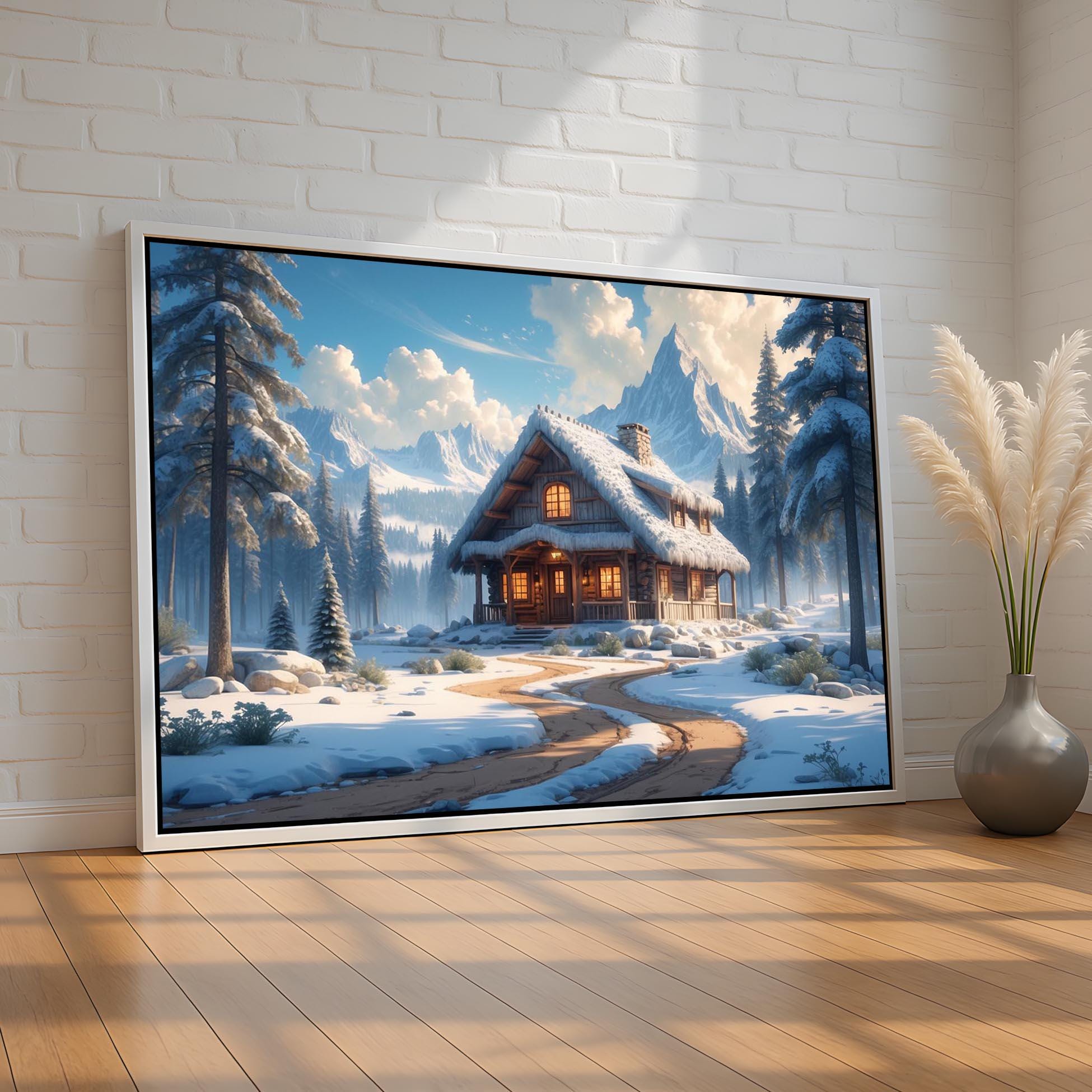 Cozy Winter Cabin Wall Art | Snowy Log Home in Pine Forest | Rustic ...