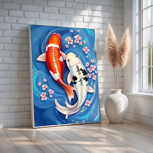 Koi Fish Wall Art Poster | Yin Yang Japanese Water Art with Cherry Blossoms | Peaceful Zen Decor for Home or Office | Ready to Hang