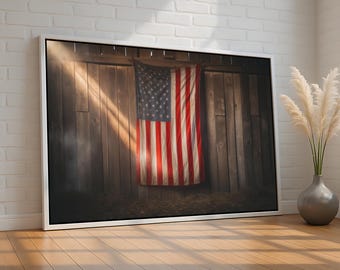 Rustic American Flag in Barn | Patriotic Canvas Wall Art | Vintage USA Decor | Country Farmhouse Style | Museum-Quality Canvas