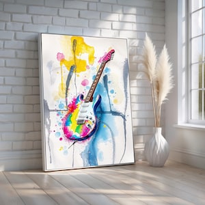 Colorful Electric Guitar Wall Art Canvas | Music Lover Abstract Poster with Watercolor Splash | Bold Artistic Decor for Studio or Room