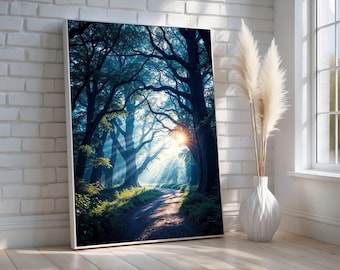 Misty Forest Path Wall Art Canvas | Sunlight Through Trees Nature Poster | Peaceful Woodland Landscape Decor | Ready to Hang | Tranquil Gift