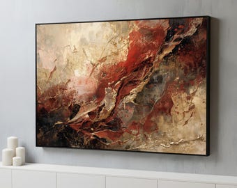 May include: Abstract wall art in a black frame. The artwork features a blend of red, gold, and beige tones, creating a textured, layered effect. The composition evokes a sense of depth and movement, with a focus on organic shapes.