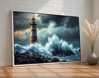 Stormy Lighthouse Canvas | Giant Ocean Wave Wall Art | Nautical Coastal Decor Print | Bold Seascape Poster Symbol of Strength Ready to Hang
