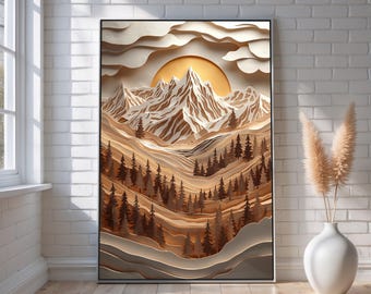 Layered Wooden Mountain Landscape Canvas Wall Art | Rustic Nature Scene | Modern 3D Wood Cut Design Impression  | Framed Ready to Hang Art