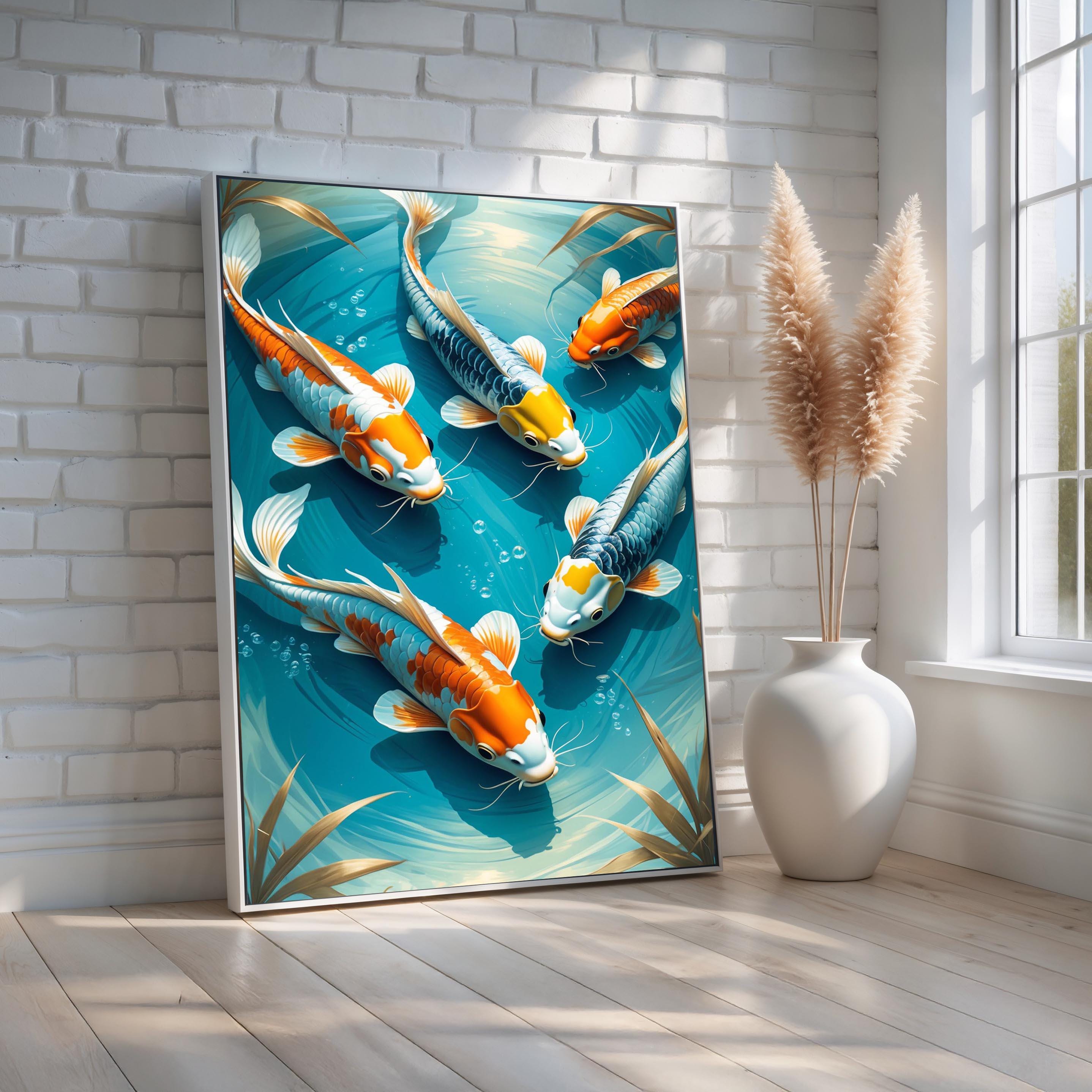 Elegant Koi Fish Wall Art | Blue Water Canvas Print With Orange & White ...