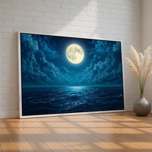 May include: A digital painting of a full moon shining brightly over a dark blue ocean with white clouds in the sky.