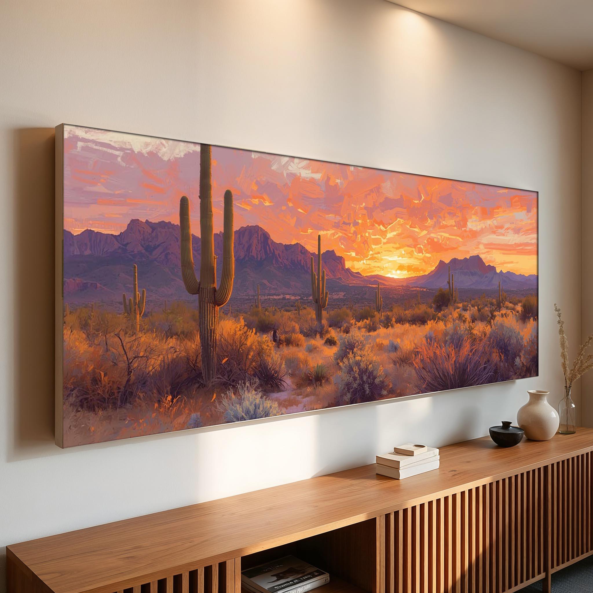 Desert Sunset Canvas Wall Art | Southwestern Cactus Landscape Painting ...