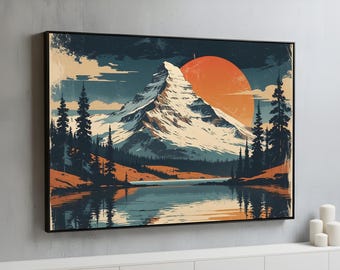 Vintage Mountain Sunset Canvas Wall Art | Alpine Lake Landscape with Snowy Peak & Pine Trees | Nature Wall Decor | Ready to Hang