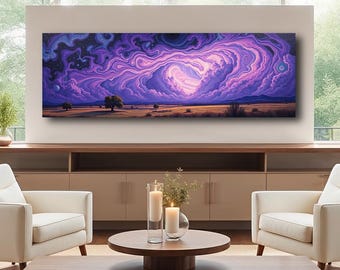 May include: A digital painting of a purple and blue sky with swirling clouds. The sky is over a field of green grass with a few trees in the distance.