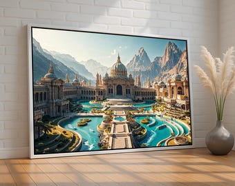 May include: A white framed photograph of a large, ornate building with a central dome and multiple wings. The building is surrounded by a series of pools and fountains, and the background features a mountain range.