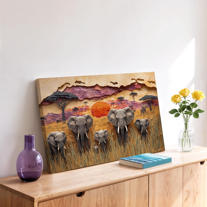 Elephant Safari Wall Art | African Savanna Sunset Scene | Wildlife ...
