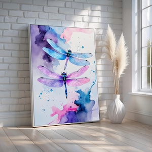 Dragonfly Watercolor Wall Art | Vibrant Blue & Purple Insect Canvas Print | Whimsical Nature Decor for Boho Bedrooms | Ready to Hang