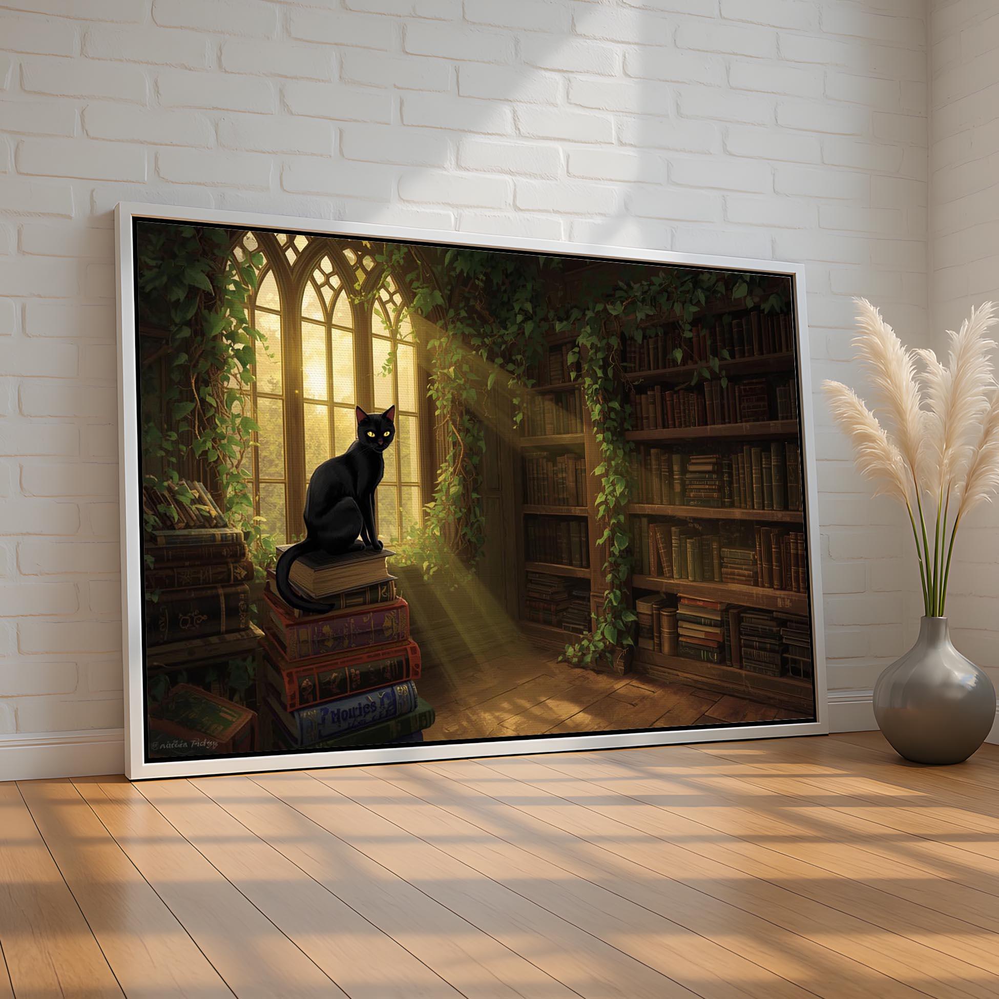 Mystical Black Cat Library Canvas Wall Art | Dark Academia Book Lover ...