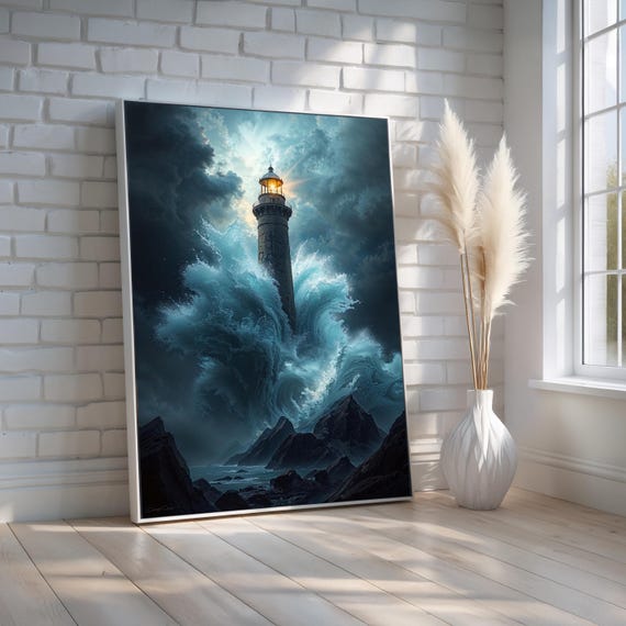 Stormy Lighthouse Canvas Wall Art | Dramatic Ocean Waves Print | Nautical Coastal Decor for Office or Home | Power & Hope | Ready to Hang