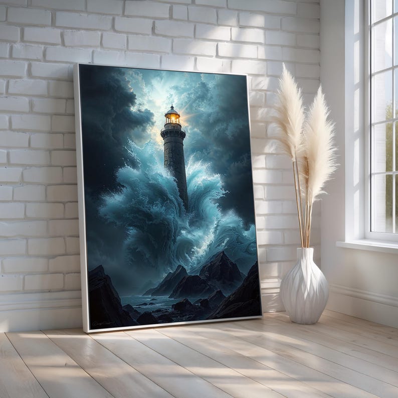 Powerful lighthouse shining through stormy waves and dark skies, dramatic coastal wall art perfect for nautical or motivational home decor