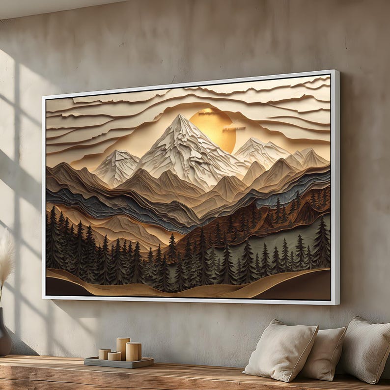 Mountain Landscape Canvas Wall Art | 3D Impression Woodcut Forest ...