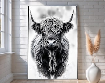 Highland Cow Canvas Wall Art | Black and White Rustic Farm Animal Portrait | Modern Farmhouse Wall Decor Ready to Hang