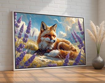 Fox in Lavender Field Wall Art | Peaceful Wildlife Nature Print | Rustic Woodland Animal Decor for Bedroom or Cottage | Ready to Hang Canvas