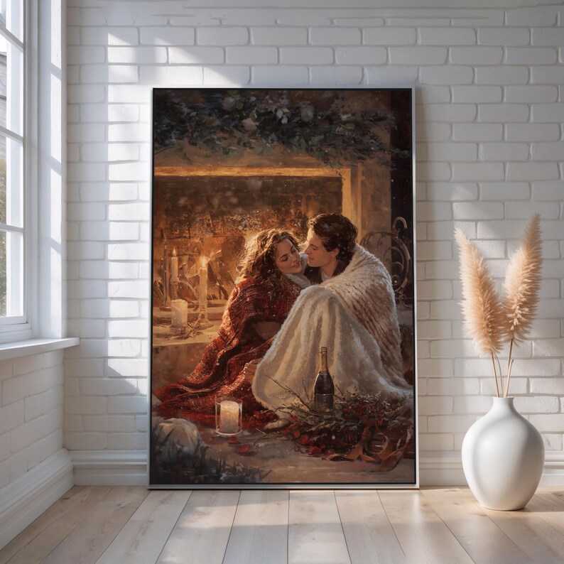 Cozy Romantic Winter Couple Canvas Wall Art | Fireplace Love Scene ...