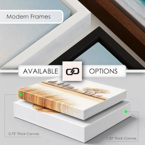 May include: The image showcases framed canvas art with the text "Modern Frames" and "Available Options." Two canvases are stacked, one with a landscape design and the other with a similar design. The canvases are labeled as 0.75" and 1.50" thick.
