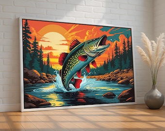 Jumping Fish Poster | Bold Fishing Wall Art for Cabin, Man Cave, or Lake House | Vibrant Sunset Wilderness Print | Ready to Hang