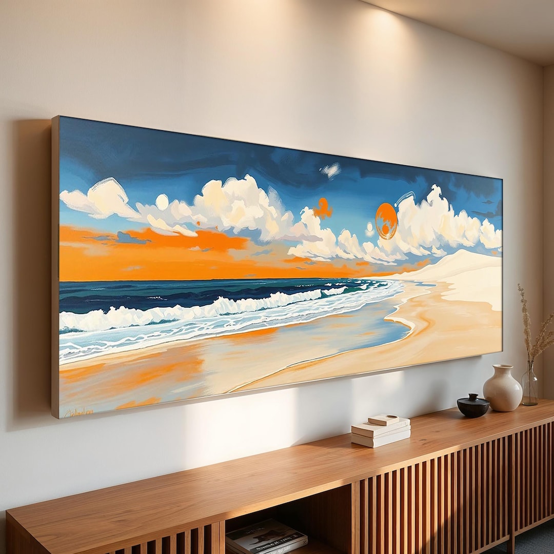 Panoramic Abstract Beach Wall Art Surreal Coastal Canvas Colorful Ocean ...