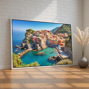 Italian Coastal Village Canvas and Poster | Colorful Mediterranean Cliffside Town & Sea | Travel Wall Art for Home or Office | Ready to Hang