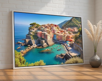 Italian Coastal Village Canvas and Poster | Colorful Mediterranean Cliffside Town & Sea | Travel Wall Art for Home or Office | Ready to Hang