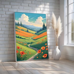 Colorful Poppy Field Landscape Wall Art | Vibrant Flower Meadow Canvas & Poster | Nature Home Decor for Living Room or Bedroom Ready to Hang