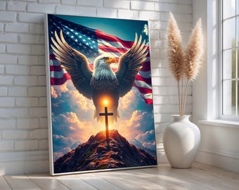 American Flag Eagle Canvas | Patriotic Christian Wall Art | Bald Eagle with Cross and Sunlight | Faith and Freedom Decor | Ready to Hang
