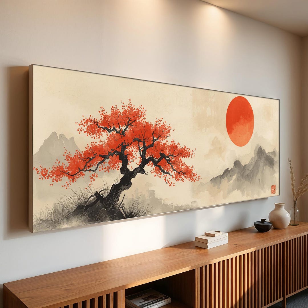 Japanese Ink Tree Canvas Wall Art | Minimalist Red Sun Landscape for ...